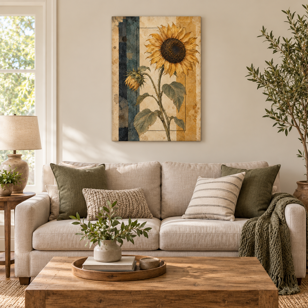 Vintage Sunflower Geometric Collage — Brown Frame room scene | AUSJOJO