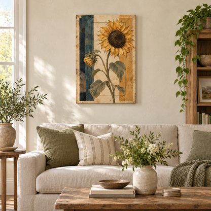 Vintage Sunflower Geometric Collage — Stretched Canvas room scene | AUSJOJO
