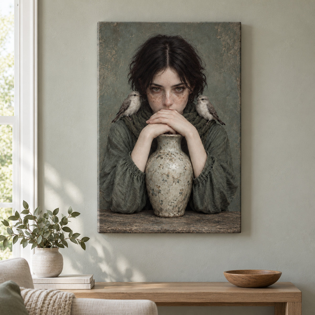 Freckled Woman with Birds and Vase — Black Frame wall scene | AUSJOJO