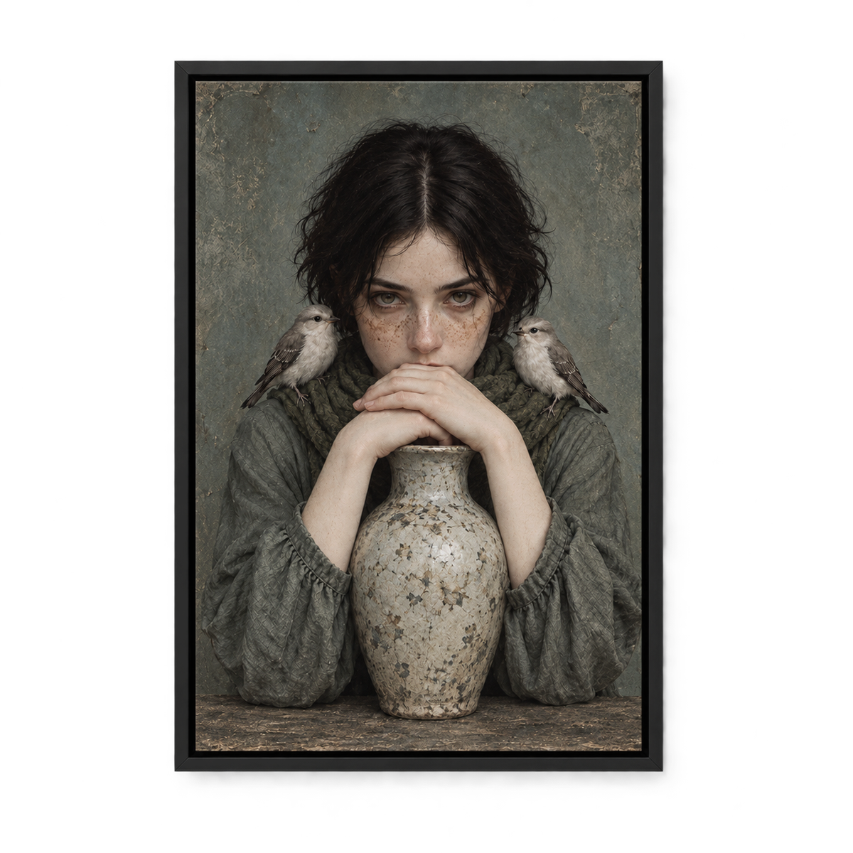 Freckled Woman with Birds and Vase — Black Frame finish product view | AUSJOJO