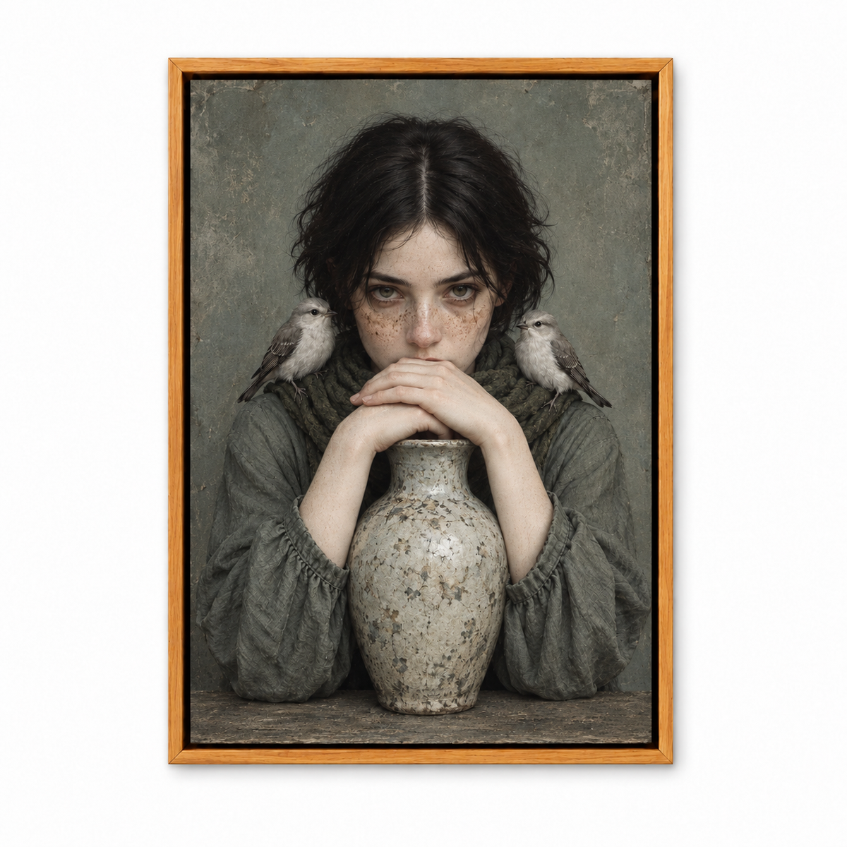 Freckled Woman with Birds and Vase — Brown Frame finish product view | AUSJOJO
