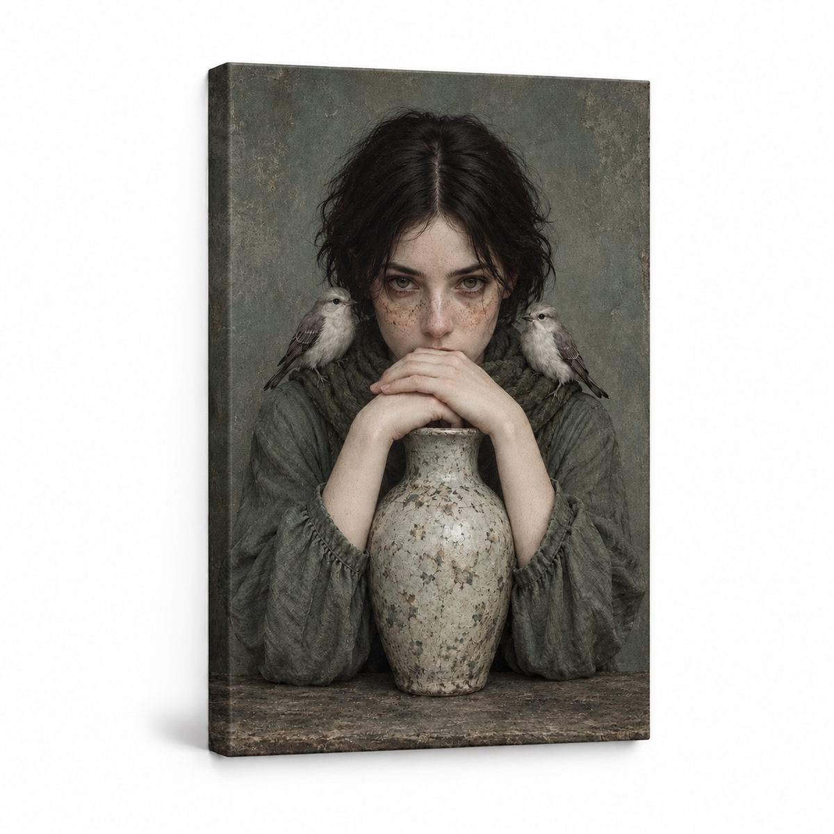 Freckled Woman with Birds and Vase — Stretched Canvas product view | AUSJOJO