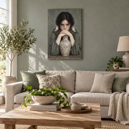 Freckled Woman with Birds and Vase — Black Frame room scene | AUSJOJO