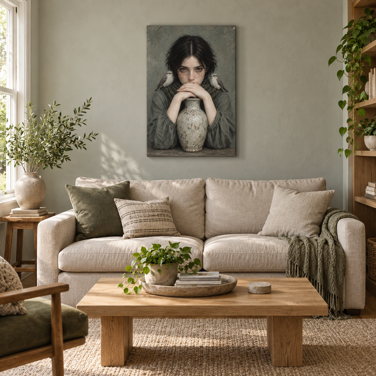 Freckled Woman with Birds and Vase — Brown Frame room scene | AUSJOJO