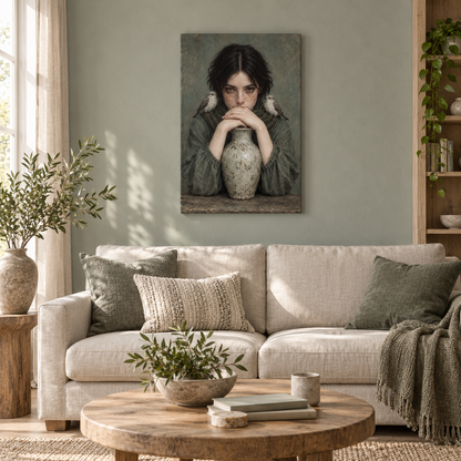 Freckled Woman with Birds and Vase — Stretched Canvas room scene | AUSJOJO
