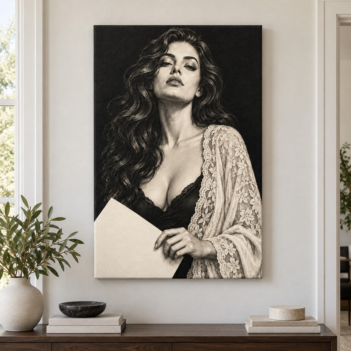 Noir Woman Holding Paper — Black Frame wall scene | AUSJOJO