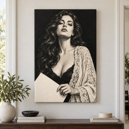 Noir Woman Holding Paper — Black Frame wall scene | AUSJOJO