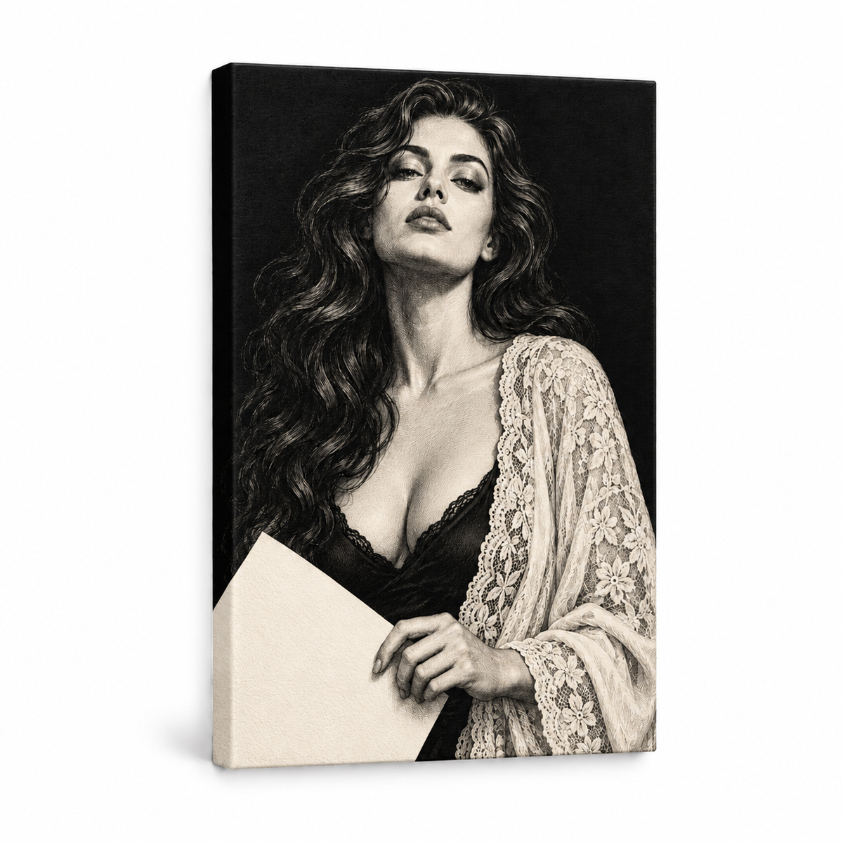 Noir Woman Holding Paper — Stretched Canvas product view | AUSJOJO
