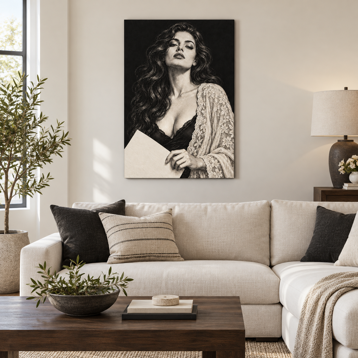 Noir Woman Holding Paper — Black Frame room scene | AUSJOJO
