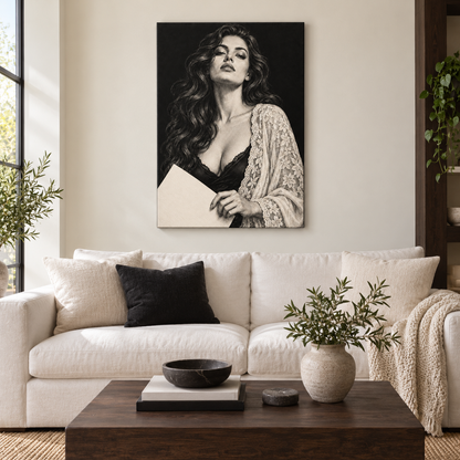 Noir Woman Holding Paper — Brown Frame room scene | AUSJOJO