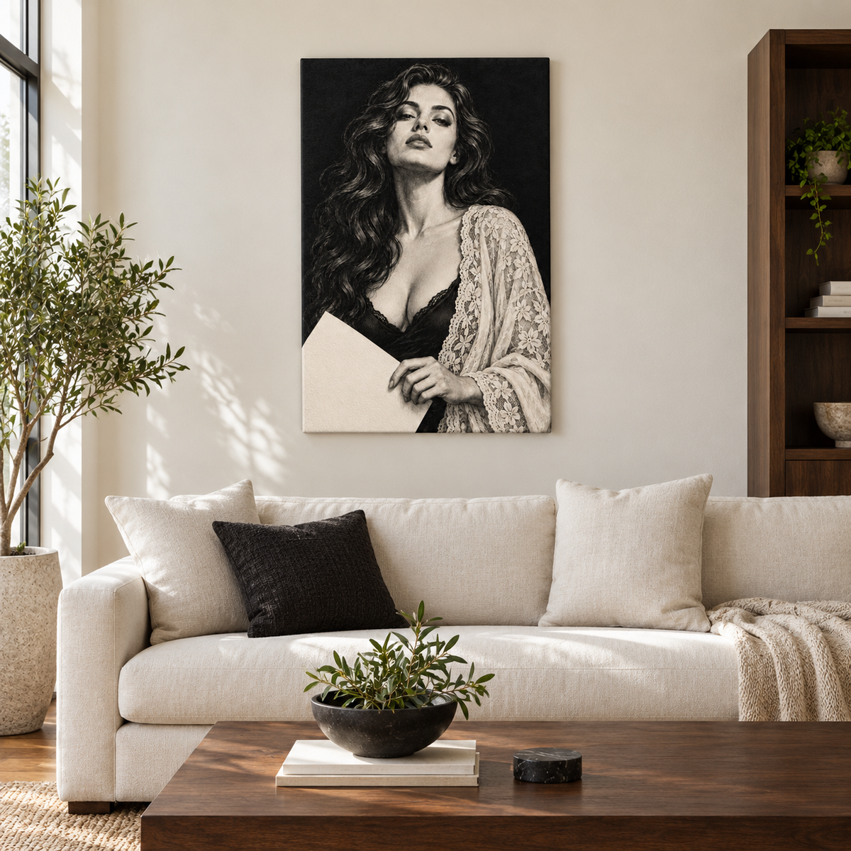 Noir Woman Holding Paper — Stretched Canvas room scene | AUSJOJO