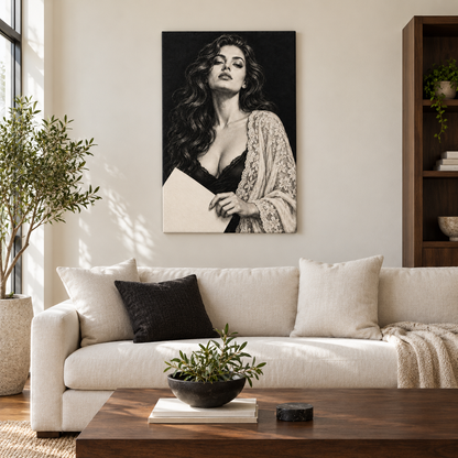 Noir Woman Holding Paper — Stretched Canvas room scene | AUSJOJO