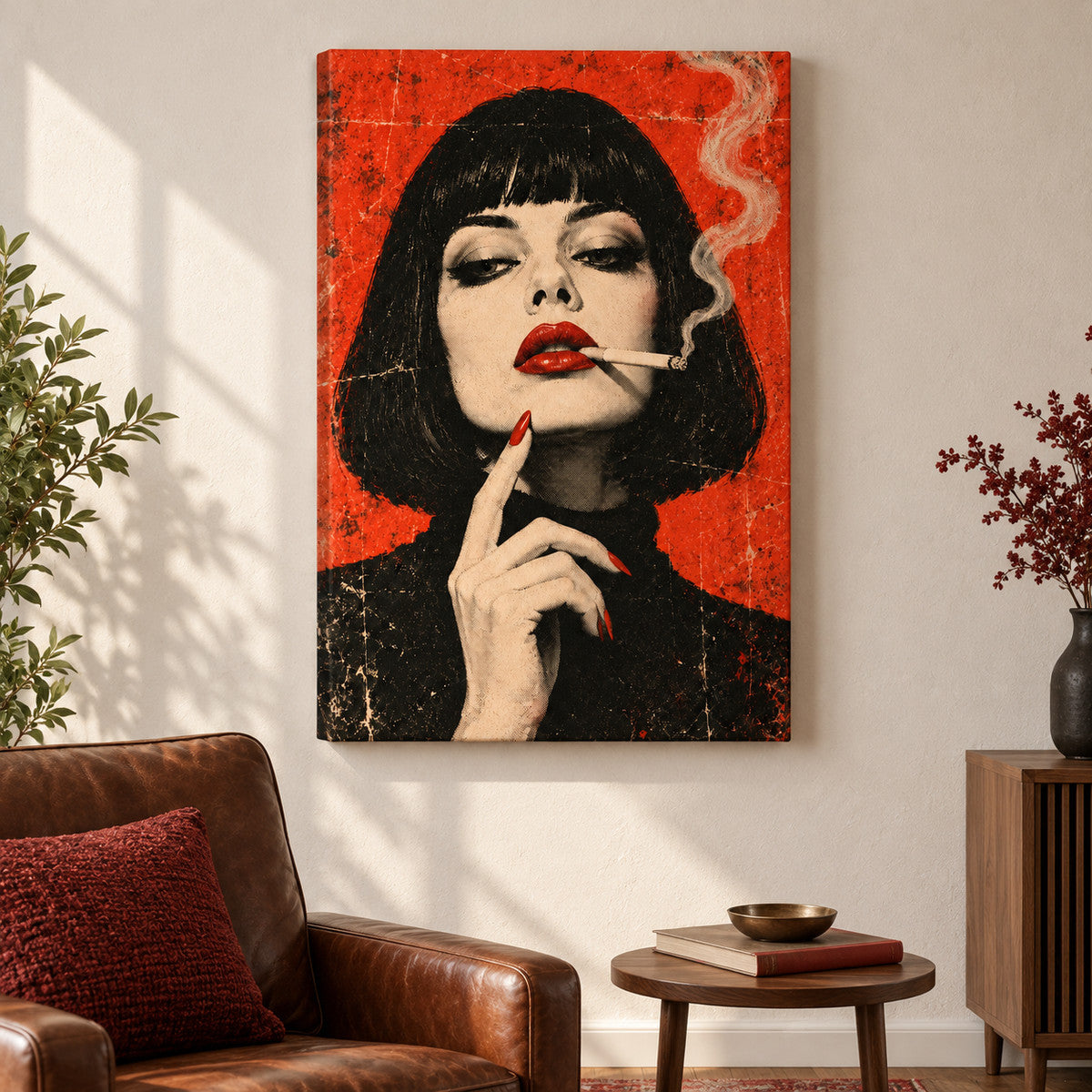 Red Noir Woman with Smoke — Black Frame wall scene | AUSJOJO