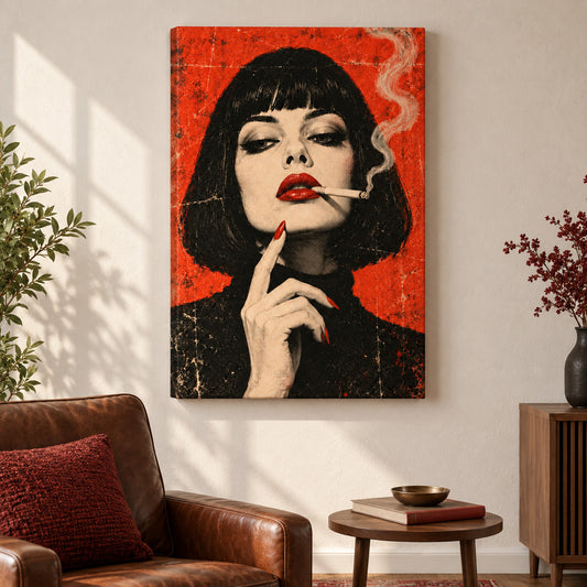 Red Noir Woman with Smoke — Black Frame wall scene | AUSJOJO