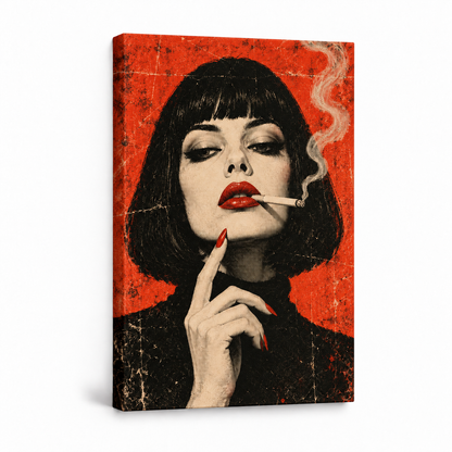 Red Noir Woman with Smoke — Stretched Canvas product view | AUSJOJO