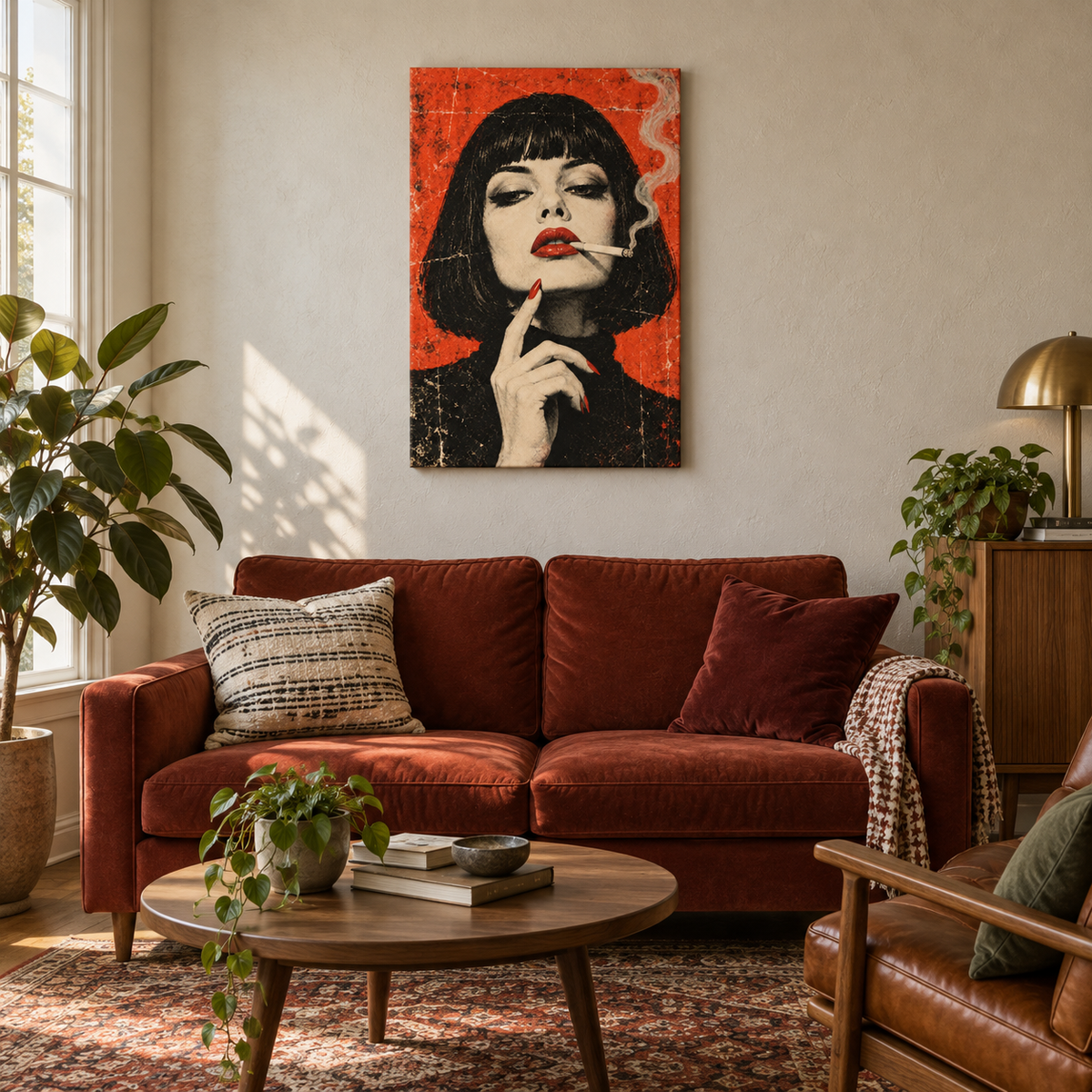 Red Noir Woman with Smoke — Black Frame room scene | AUSJOJO