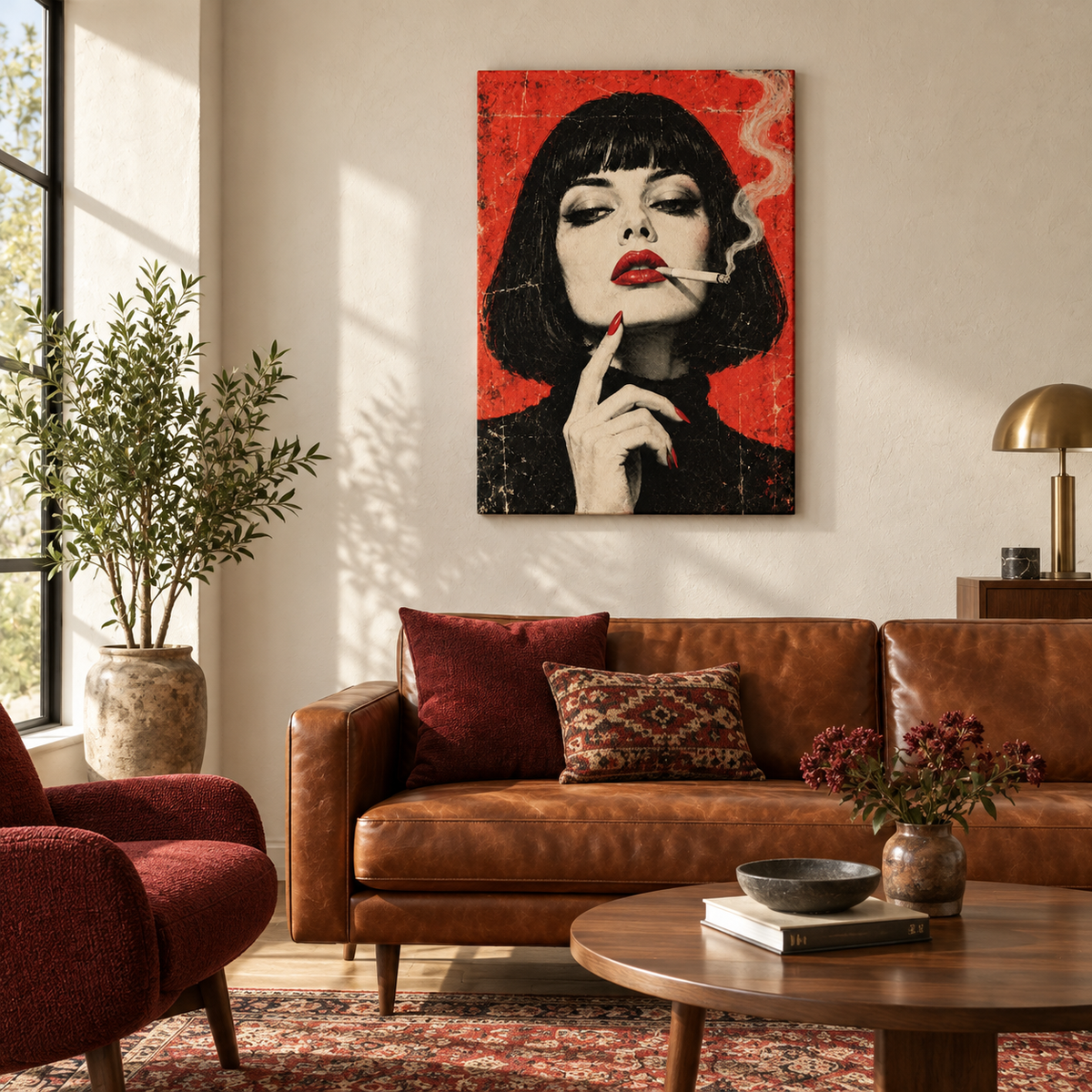Red Noir Woman with Smoke — Brown Frame room scene | AUSJOJO