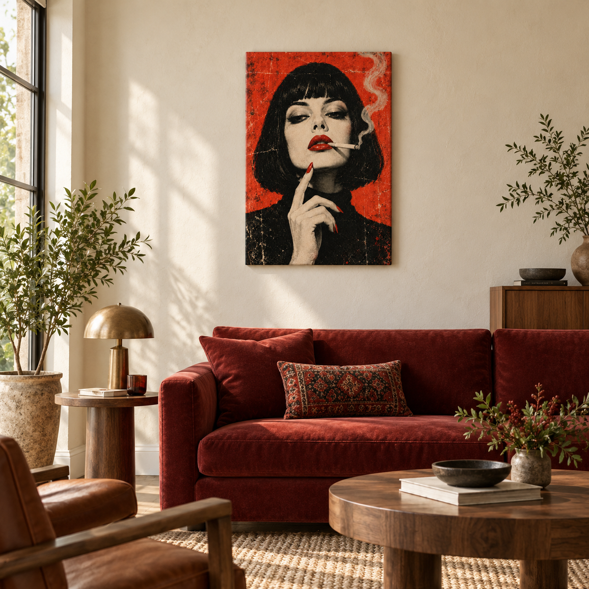 Red Noir Woman with Smoke — Stretched Canvas room scene | AUSJOJO