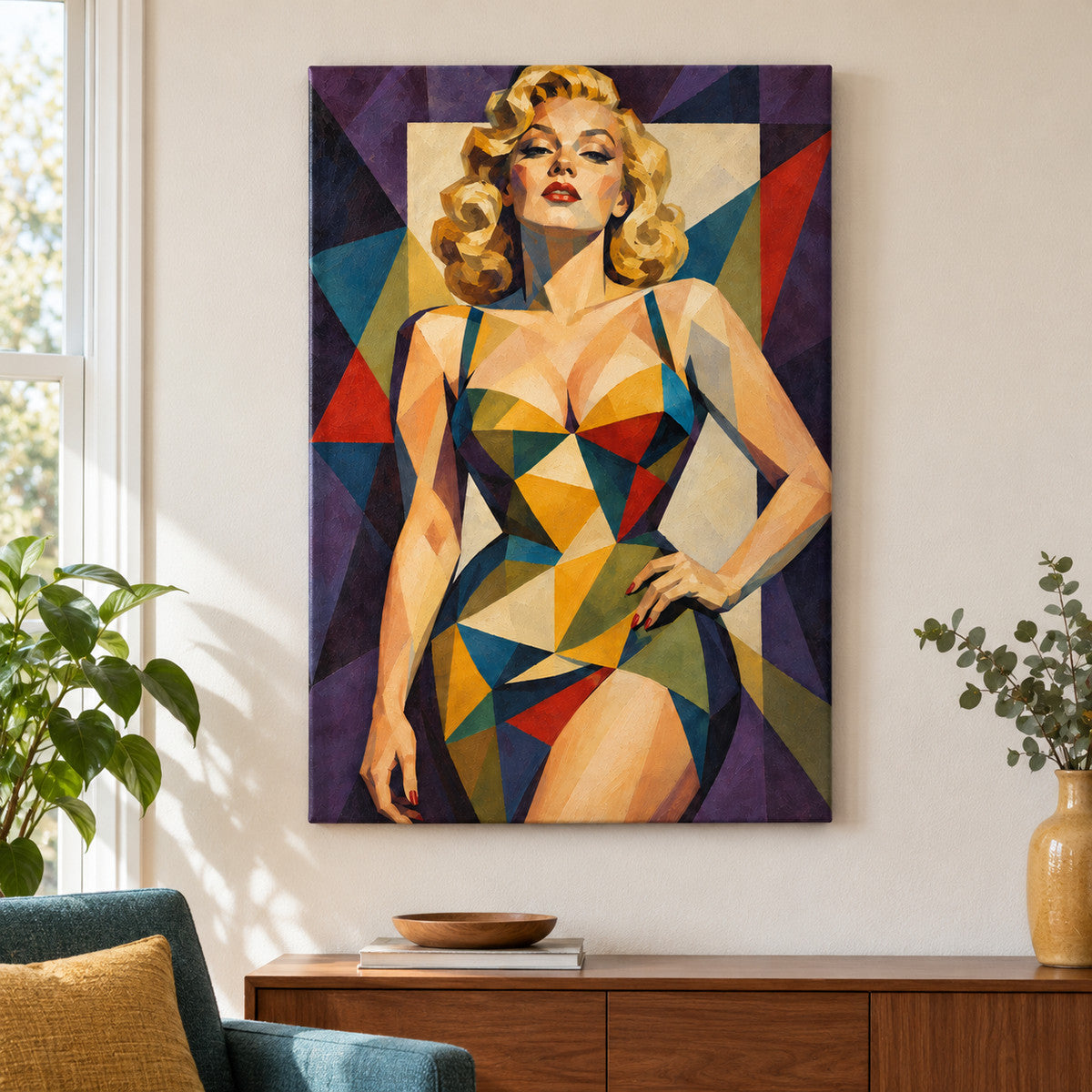 Cubist Blonde Geometric Portrait — Black Frame wall scene | AUSJOJO