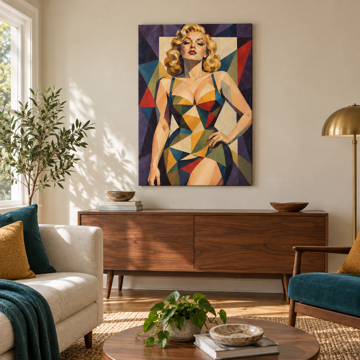 Cubist Blonde Geometric Portrait — Brown Frame room scene | AUSJOJO