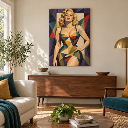 Cubist Blonde Geometric Portrait — Brown Frame room scene | AUSJOJO