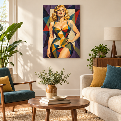 Cubist Blonde Geometric Portrait — Stretched Canvas room scene | AUSJOJO