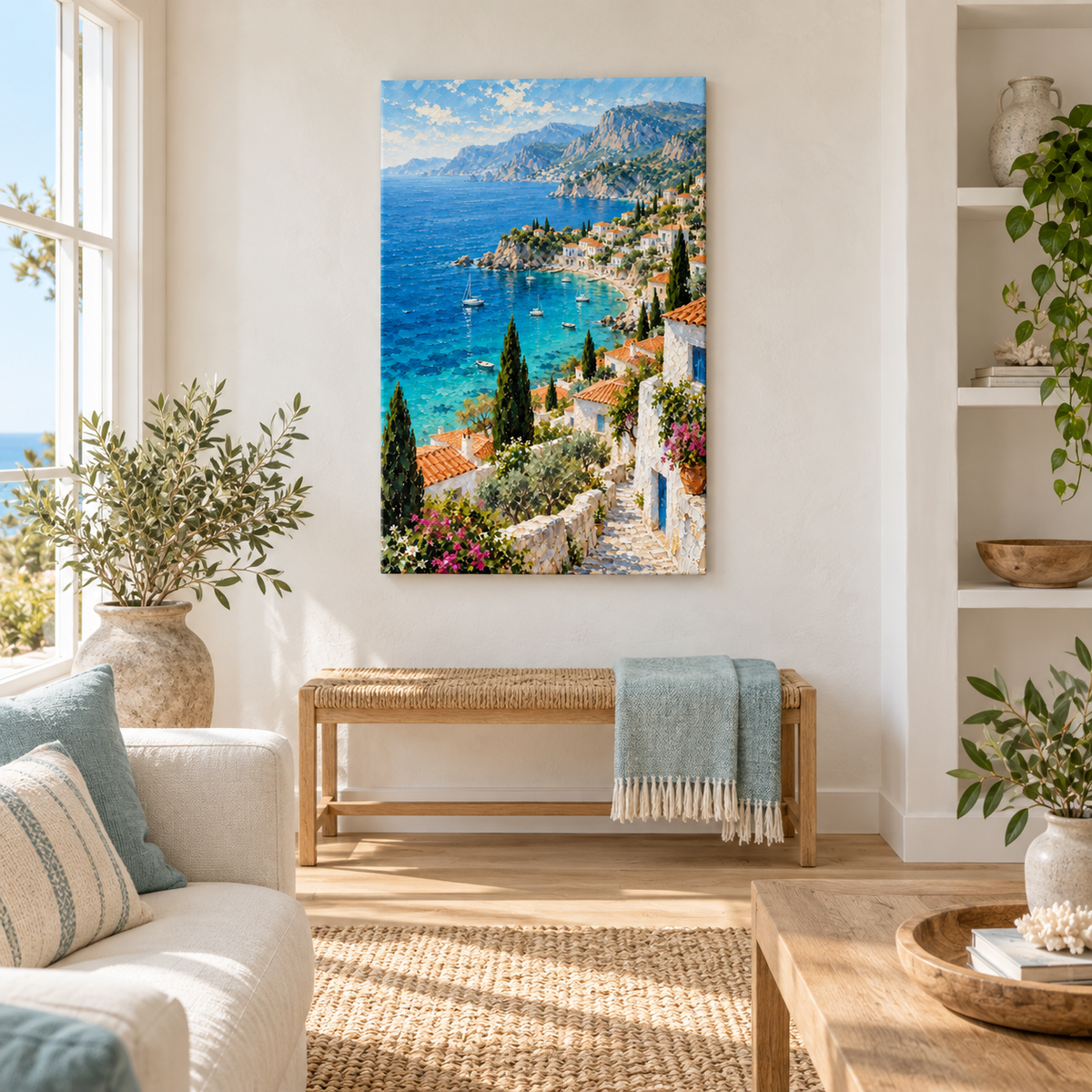 Mediterranean Coastal Village — Black Frame room scene | AUSJOJO