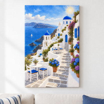 Greek Blue Dome Church Terrace — framed artwork main view | AUSJOJO