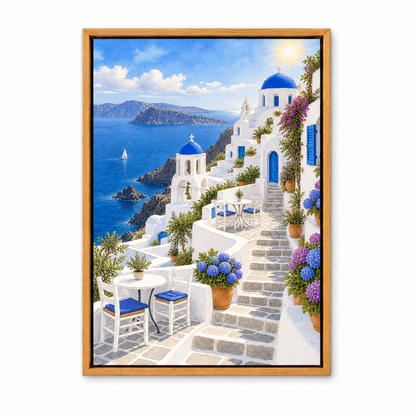 Greek Blue Dome Church Terrace — Brown Frame finish product view | AUSJOJO