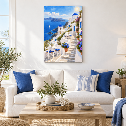Greek Blue Dome Church Terrace — Black Frame room scene | AUSJOJO