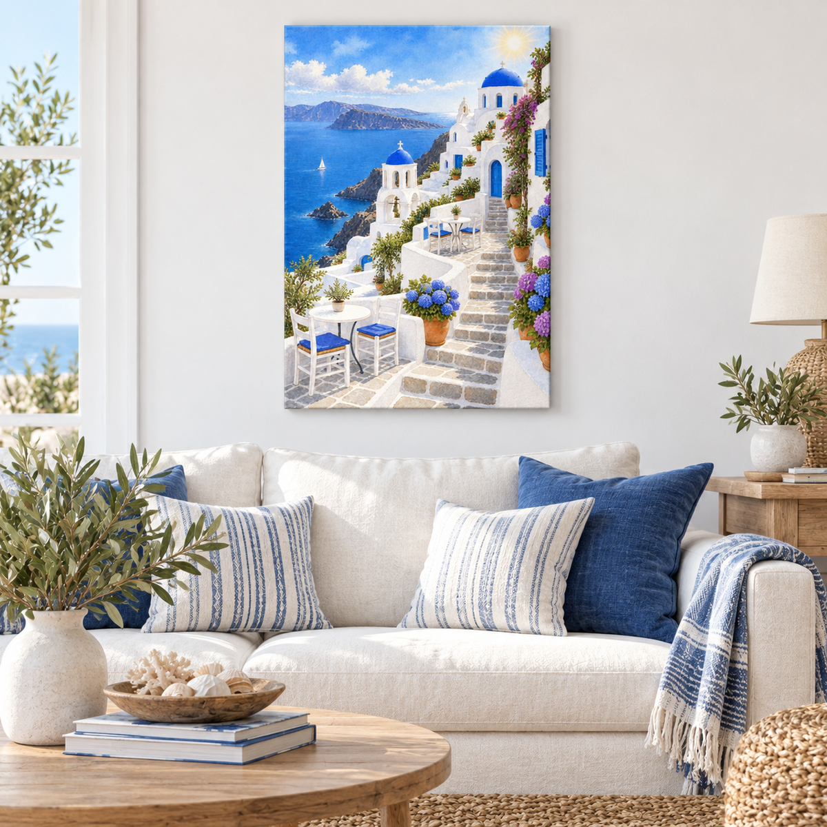 Greek Blue Dome Church Terrace — Brown Frame room scene | AUSJOJO