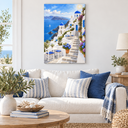 Greek Blue Dome Church Terrace — Brown Frame room scene | AUSJOJO