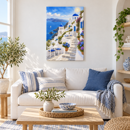 Greek Blue Dome Church Terrace — Stretched Canvas room scene | AUSJOJO