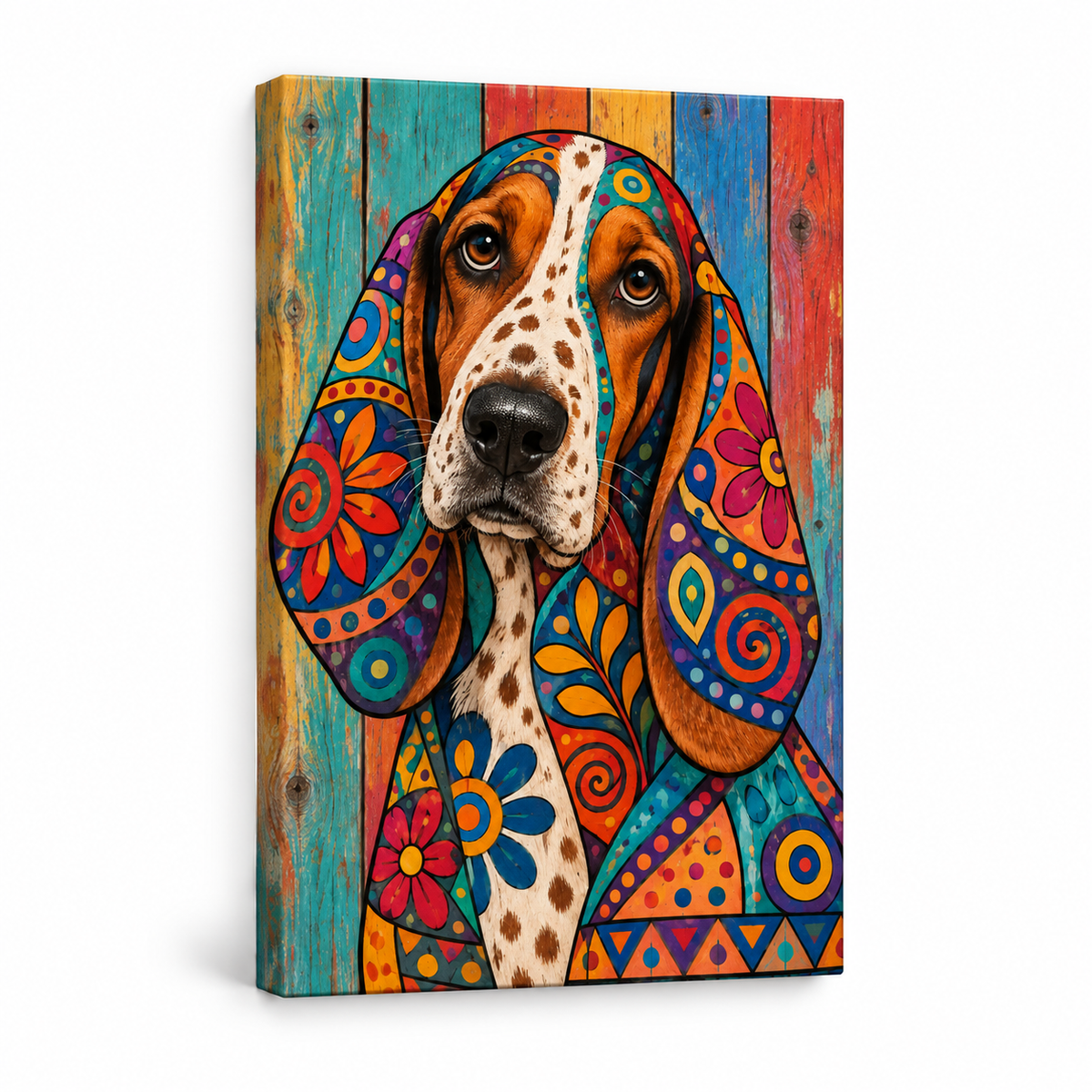 Colorful Patchwork Hound — Stretched Canvas product view | AUSJOJO