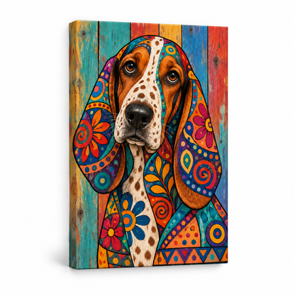 Colorful Patchwork Hound — Stretched Canvas product view | AUSJOJO