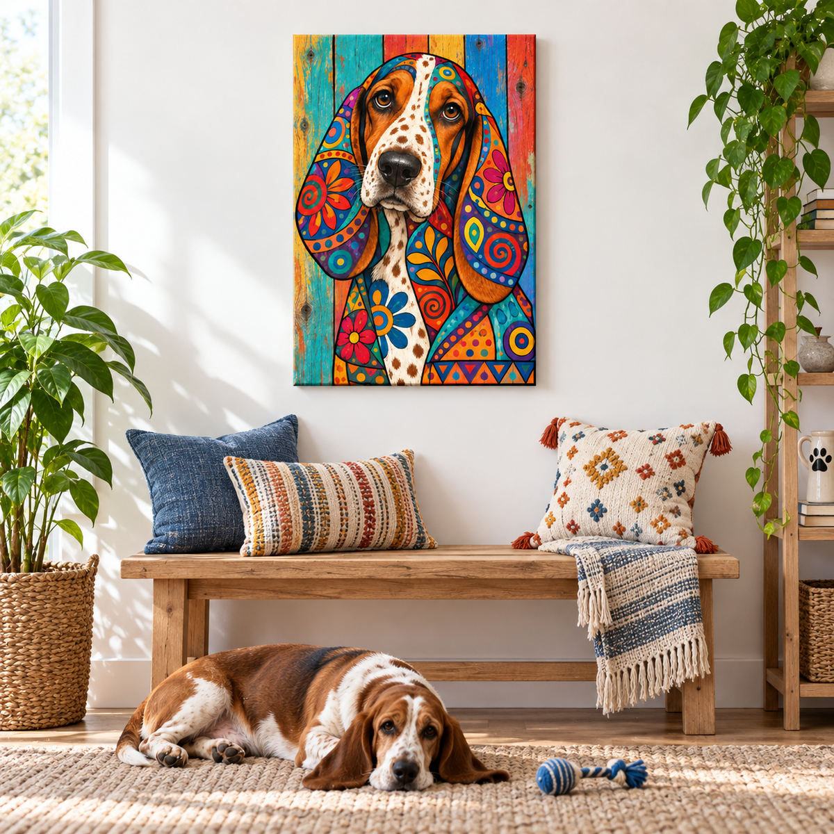 Colorful Patchwork Hound — Black Frame room scene | AUSJOJO