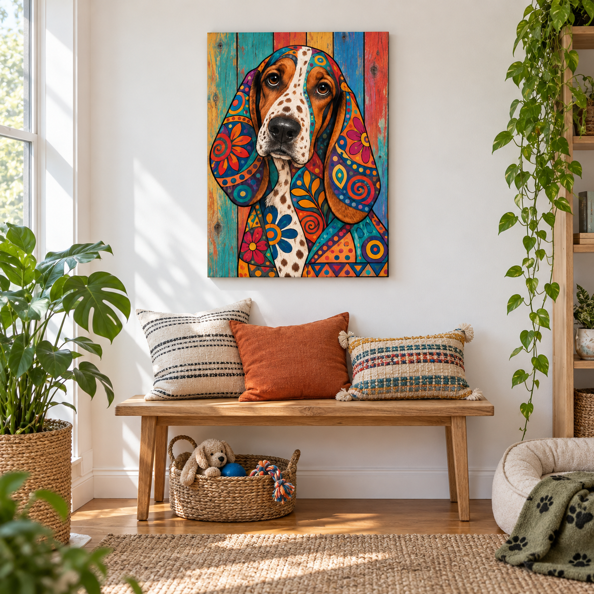Colorful Patchwork Hound — Brown Frame room scene | AUSJOJO