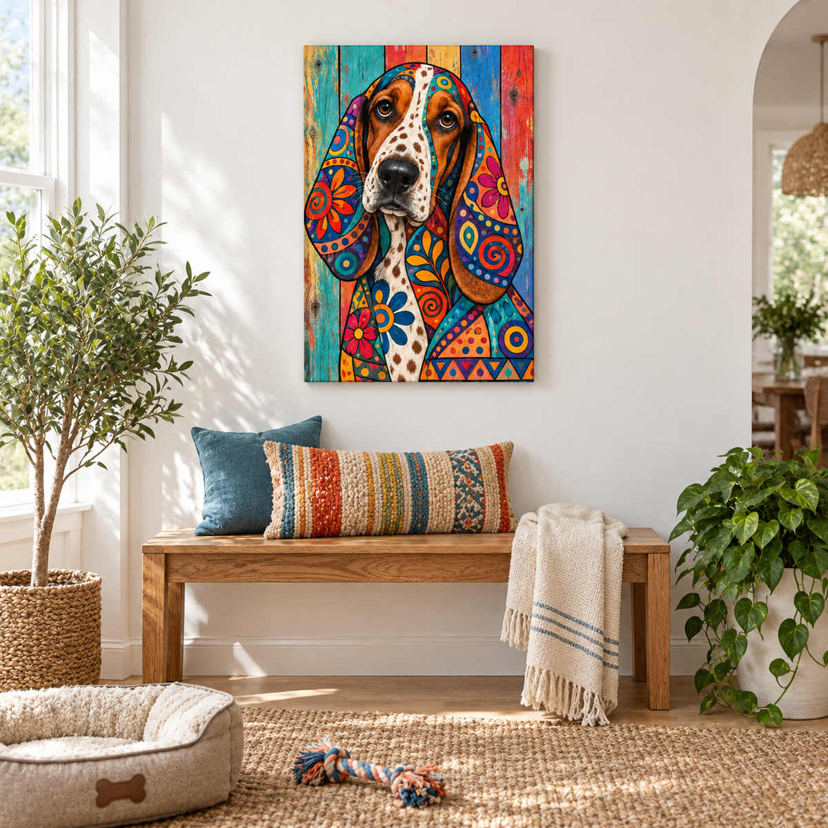 Colorful Patchwork Hound — Stretched Canvas room scene | AUSJOJO