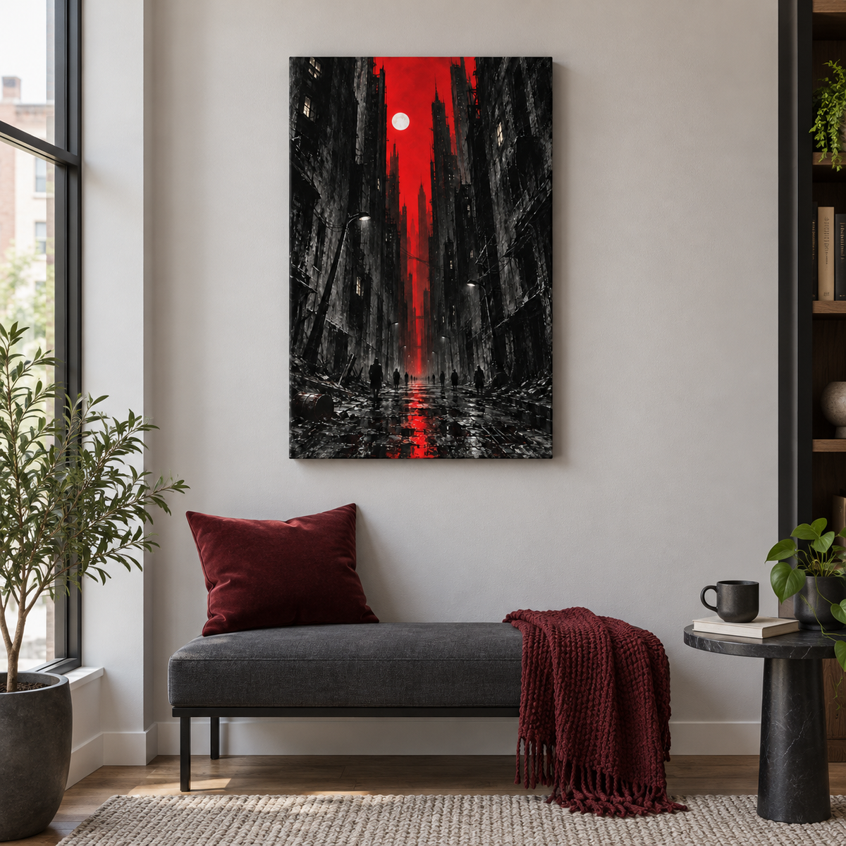 Red Moon Urban Street — Stretched Canvas room scene | AUSJOJO