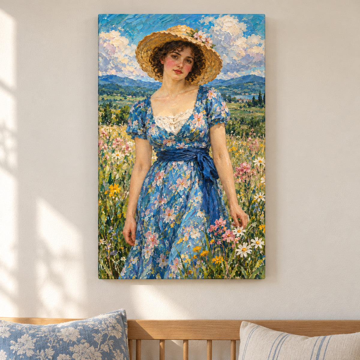 Straw Hat Woman in Meadow — framed artwork main view | AUSJOJO