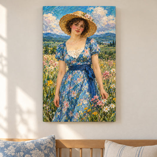 Straw Hat Woman in Meadow — framed artwork main view | AUSJOJO