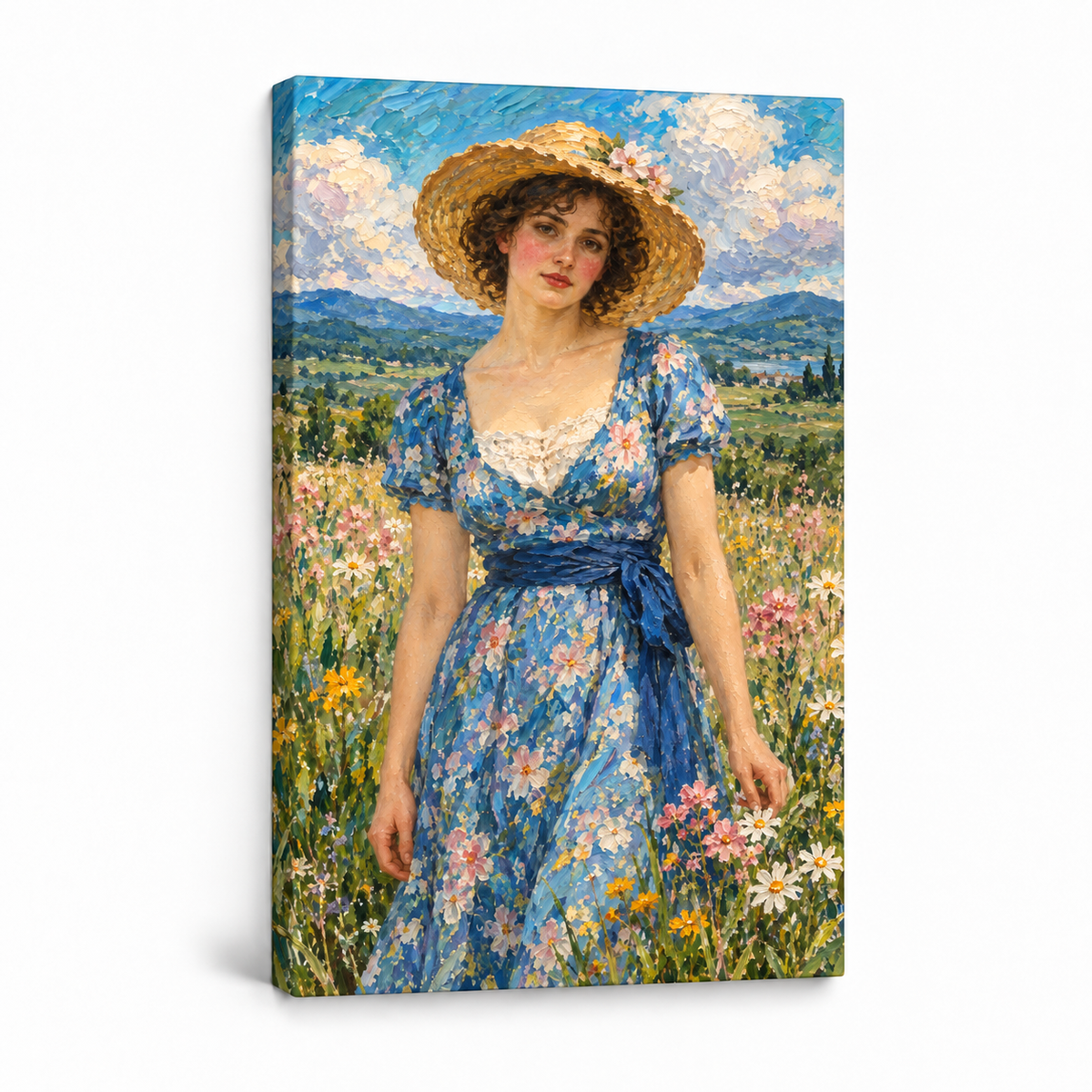 Straw Hat Woman in Meadow — Stretched Canvas product view | AUSJOJO