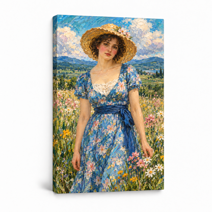 Straw Hat Woman in Meadow — Stretched Canvas product view | AUSJOJO