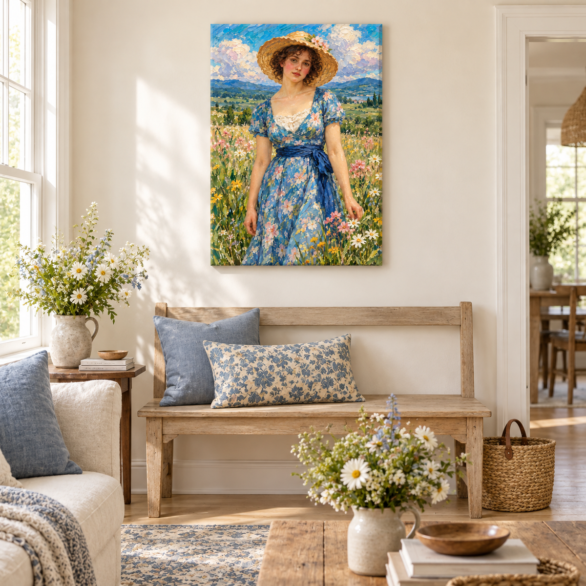 Straw Hat Woman in Meadow — Black Frame room scene | AUSJOJO