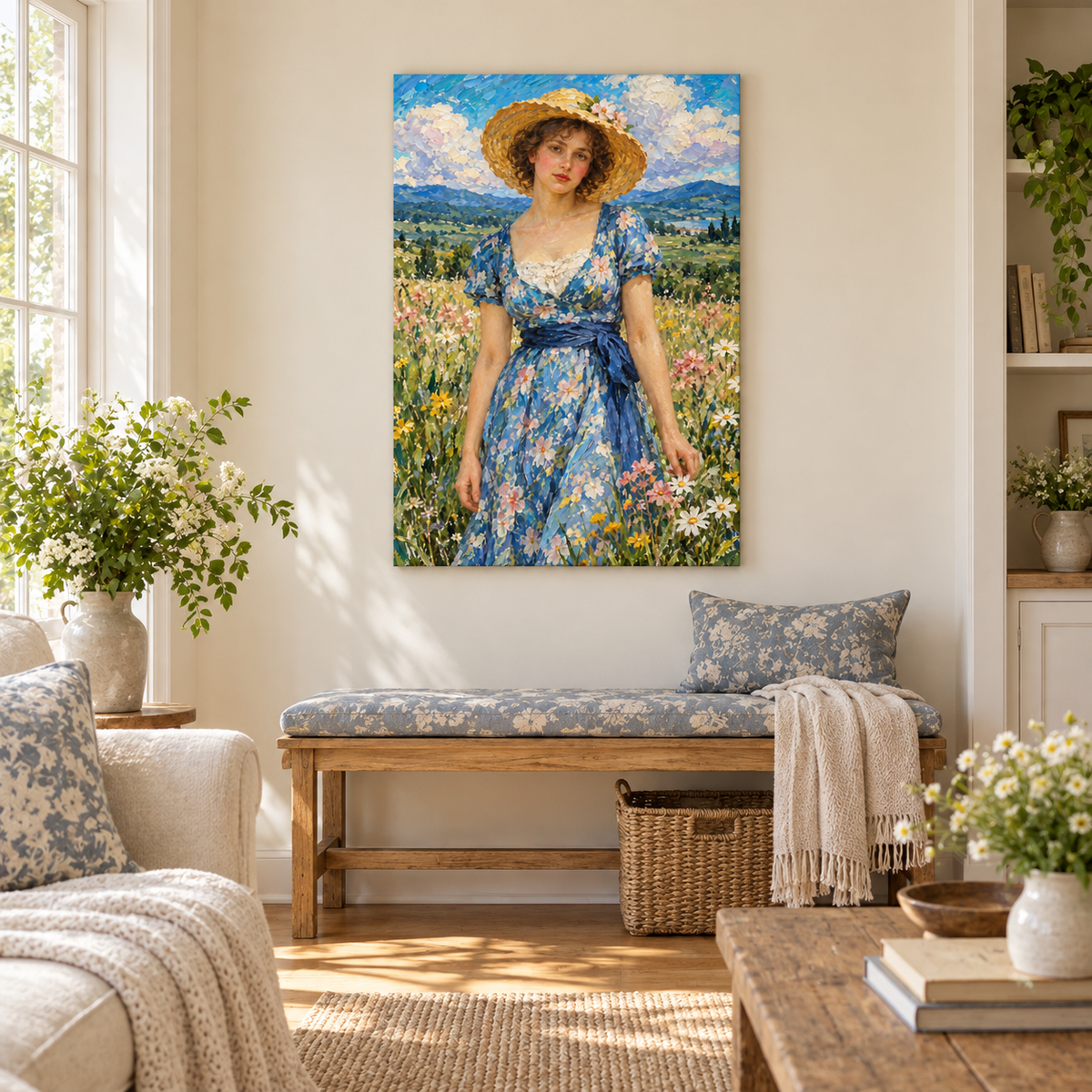 Straw Hat Woman in Meadow — Brown Frame room scene | AUSJOJO
