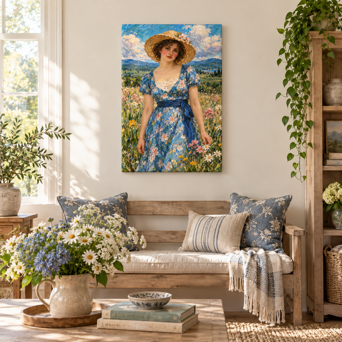 Straw Hat Woman in Meadow — Stretched Canvas room scene | AUSJOJO