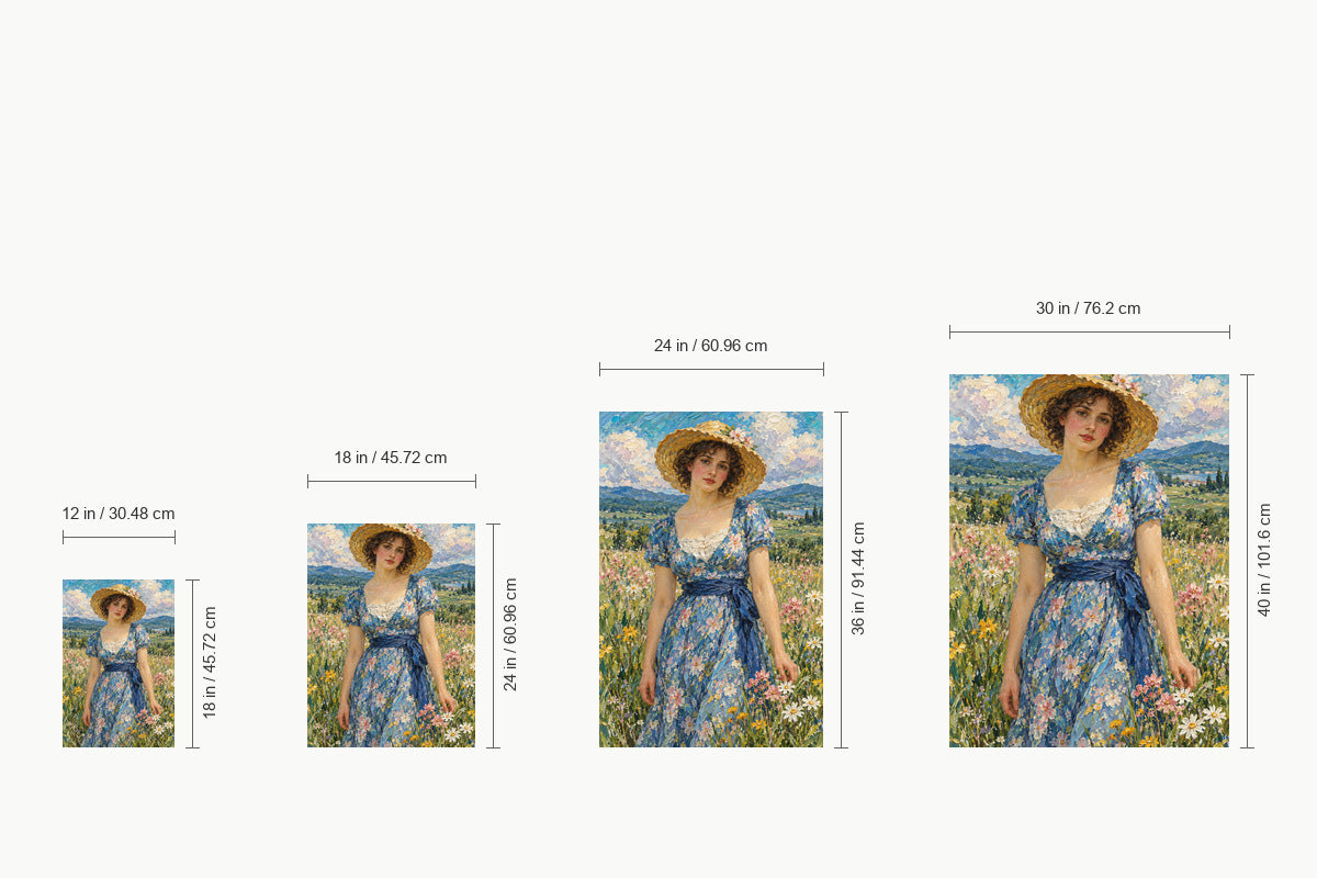 Straw Hat Woman in Meadow — size comparison guide | AUSJOJO
