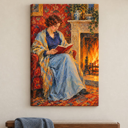 Fireside Reading Woman — framed artwork main view | AUSJOJO
