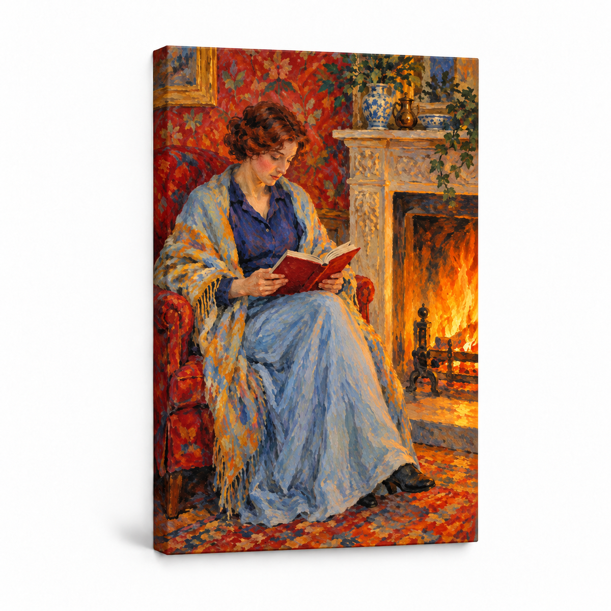 Fireside Reading Woman — Stretched Canvas product view | AUSJOJO