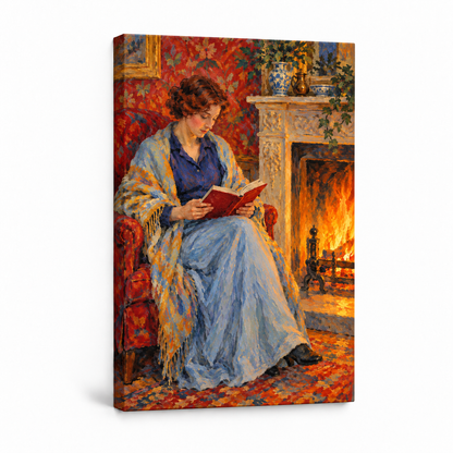 Fireside Reading Woman — Stretched Canvas product view | AUSJOJO